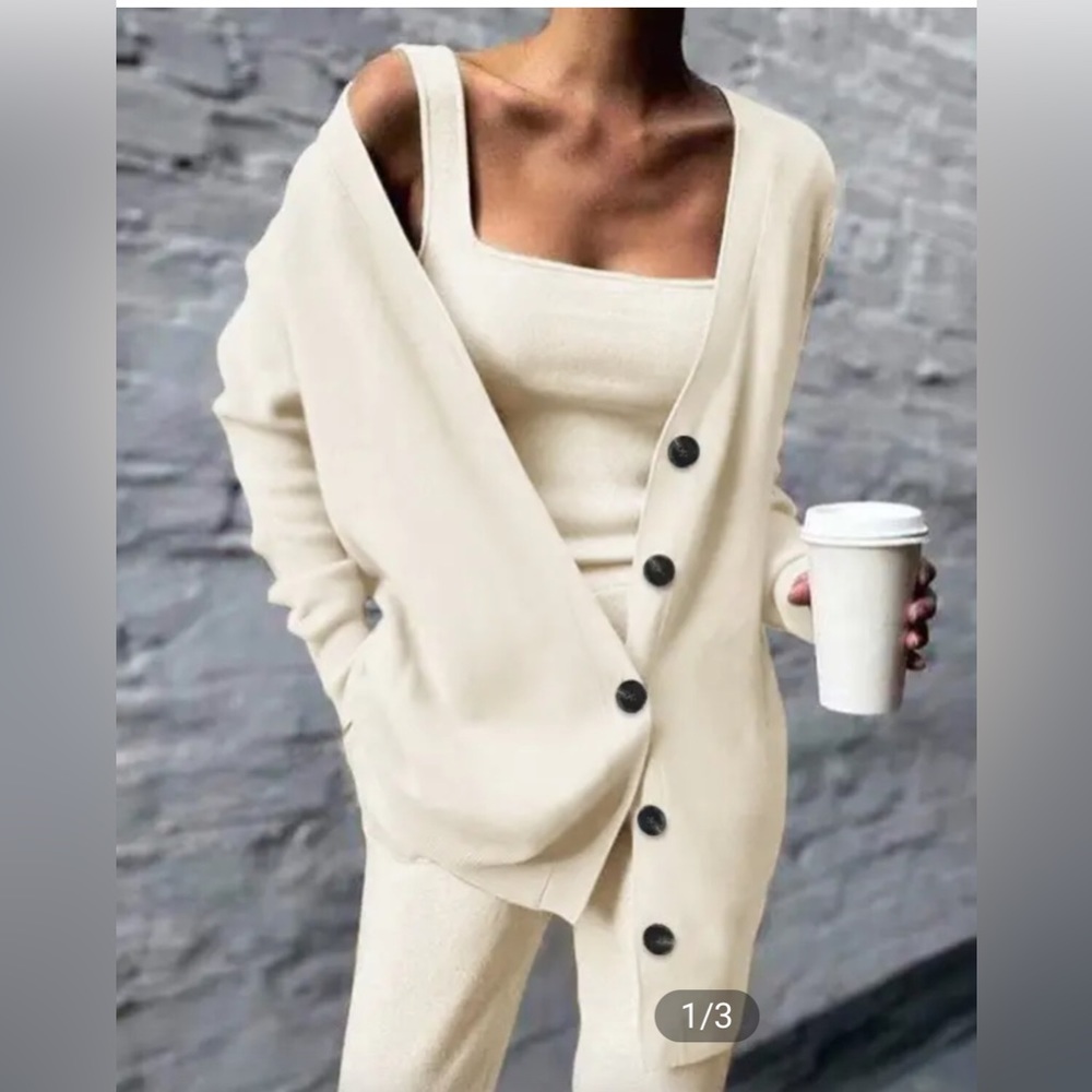 Cream - CHIC ME 3 piece outfit (pant, tank & buttoned cardigan) size medium